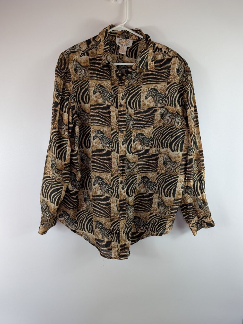 Vintage Metro Express 100% Silk Zebra Pattern Long Sleeve Button Down Blouse LG